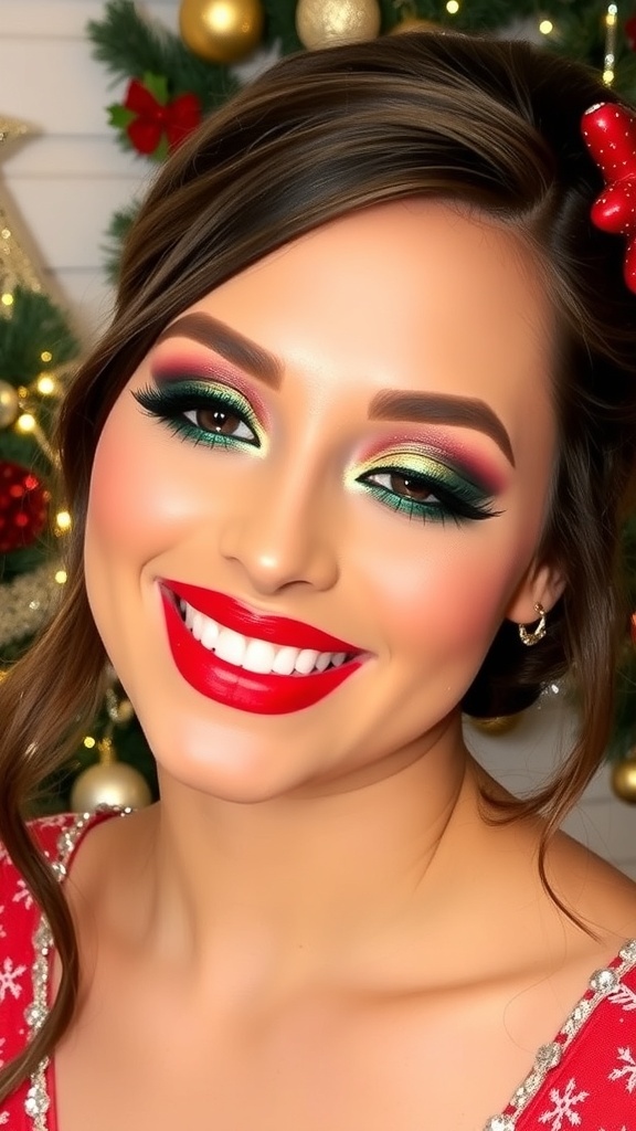 Festive Christmas makeup with red lips and shimmering eyeshadow, set against a holiday backdrop.